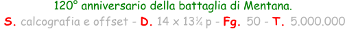 120° anniversario della battaglia di Mentana.  S. calcografia e offset - D. 14 x 13   p - Fg. 50 - T. 5.000.000 1 4