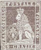 Leone coronato che regge lo scudo grigliato, viola.