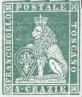 Leone coronato che regge lo scudo grigliato, verde.