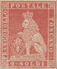 Leone coronato che regge lo scudo grigliato,scarlatto.