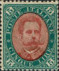 Effigie di Umberto I, in valore in lettere e in cifre, verde e arancio.