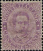 Effigie di Umberto I, in valore in lettere e in cifre, violetto.