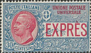 Effigie di Vittorio Emanuele III volta a sinistra, azzurro e rosso.