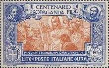 Parte centrale Gesù con gli apostoli sopra a lato santi, azzurro e arancione