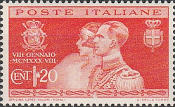 Effigie degli sposi e stemmi delle casa di Sassonia e Savoia, rosso arancio.