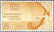 Posta aerea.   Centenario della morte di Vincenzo Bellini ( 1801-1835 ), musicista. Giallo arancio