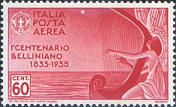 Posta aerea.   Centenario della morte di Vincenzo Bellini ( 1801-1835 ), musicista. Rosa rosso