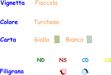 Filigrana ND NS CD CS Carta       Gialla Bianca Vignetta    Fiaccola.  Colore      Turchese.