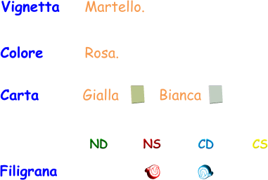 Filigrana ND NS CD CS Carta       Gialla Bianca Vignetta    Martello.  Colore       Rosa.