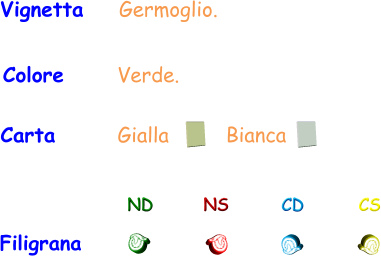 Filigrana ND NS CD CS Carta       Gialla Bianca Vignetta    Germoglio. Colore      Verde.