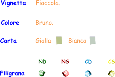 Filigrana ND NS CD CS Carta       Gialla Bianca Vignetta    Fiaccola. Colore      Bruno.