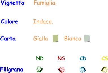Filigrana ND NS CD CS Carta       Gialla Bianca Vignetta    Famiglia. Colore      Indaco.