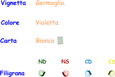 Filigrana ND NS CD CS Carta       Bianca Vignetta    Germoglio. Colore      Violetto.