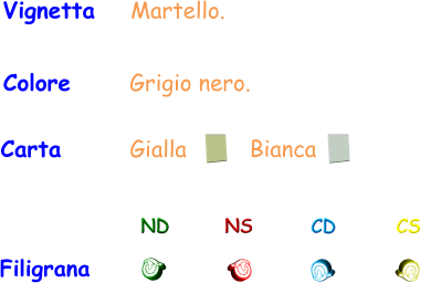 Vignetta    Martello. Colore      Grigio nero. Filigrana ND NS CD CS Carta       Gialla Bianca