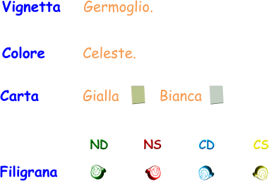 Vignetta    Germoglio. Colore      Celeste. Filigrana ND NS CD CS Carta       Gialla Bianca