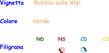 Filigrana ND NS CD CS Vignetta    Rondini sulle Alpi. Colore      Verde.