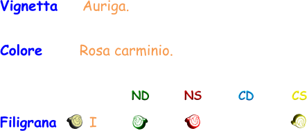 ND NS CD CS Vignetta    Auriga. Colore      Rosa carminio. Filigrana       I