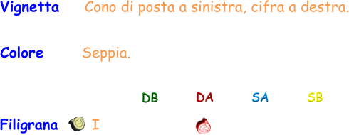 Vignetta    Cono di posta a sinistra, cifra a destra. Colore      Seppia. Filigrana       I DB DA SA SB