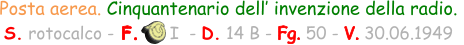 Posta aerea. Cinquantenario dell’ invenzione della radio.  S. rotocalco - F.      I  - D. 14 B - Fg. 50 - V. 30.06.1949