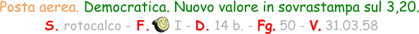 Posta aerea. Democratica. Nuovo valore in sovrastampa sul 3,20.  S. rotocalco - F.      I - D. 14 b. - Fg. 50 - V. 31.03.58