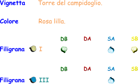 Vignetta     Torre del campidoglio. Colore       Rosa lilla. Filigrana       I DB DA SA SB Filigrana       III DB DA SA SB