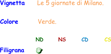 Colore       Verde. Filigrana ND NS CD CS Vignetta     Le 5 giornate di Milano.
