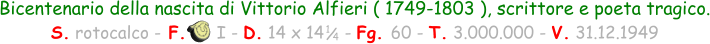 Bicentenario della nascita di Vittorio Alfieri ( 1749-1803 ), scrittore e poeta tragico. S. rotocalco - F.      I - D. 14 x 14    - Fg. 60 - T. 3.000.000 - V. 31.12.1949 1 / 4