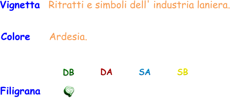 Vignetta  Ritratti e simboli dell' industria laniera. Colore    Ardesia. Filigrana DB DA SA SB