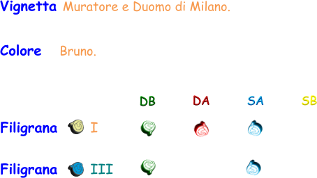 Filigrana       I DB DA SA SB Vignetta Muratore e Duomo di Milano. Colore    Bruno. Filigrana       III