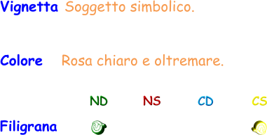 Vignetta Soggetto simbolico. Colore   Rosa chiaro e oltremare. Filigrana ND NS CD CS