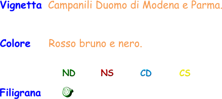 ND NS CD CS Filigrana    Vignetta Campanili Duomo di Modena e Parma. Colore    Rosso bruno e nero.