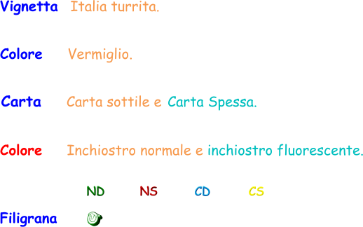 Filigrana ND NS CD CS Vignetta  Italia turrita. Colore    Vermiglio. Colore    Inchiostro normale e inchiostro fluorescente. Carta   Carta sottile e Carta Spessa.