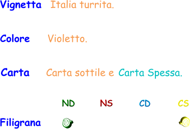 Filigrana ND NS CD CS Vignetta  Italia turrita. Carta  Carta sottile e Carta Spessa. Colore    Violetto.