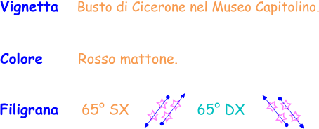 Vignetta   Busto di Cicerone nel Museo Capitolino. Colore      Rosso mattone. Filigrana     65° SX                65° DX
