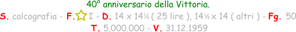 1 / 4 40° anniversario della Vittoria. S. calcografia - F.     I - D. 14 x 14   ( 25 lire ), 14   x 14 ( altri ) - Fg. 50  T. 5.000.000 - V. 31.12.1959 1 / 4
