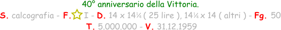 1 / 4 40° anniversario della Vittoria. S. calcografia - F.     I - D. 14 x 14   ( 25 lire ), 14   x 14 ( altri ) - Fg. 50  T. 5.000.000 - V. 31.12.1959 1 / 4