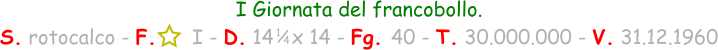 1 / 4 I Giornata del francobollo. S. rotocalco - F.      I - D. 14   x 14 - Fg. 40 - T. 30.000.000 - V. 31.12.1960