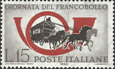 Simbolo e diligenza postale, rosso, grigio e nero.