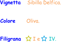 Filigrana       I e      IV. Vignetta   Sibilla Delfica. Colore     Oliva.