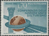 Autostrada, globo e colonna corinzia, azzurro e bruno rosso.