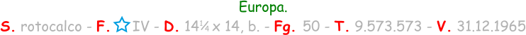 1 / 4 Europa. S. rotocalco - F.     IV - D. 14   x 14, b. - Fg. 50 - T. 9.573.573 - V. 31.12.1965