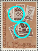 “ numerosi punti bianchi nel francobolli da 5 lire e da 70 lire; nel francobollo da 5 lire il primo anello olimpico è interrotto a sinistra "