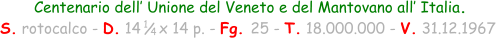 Centenario dell’ Unione del Veneto e del Mantovano all’ Italia. S. rotocalco - D. 14    x 14 p. - Fg. 25 - T. 18.000.000 - V. 31.12.1967 1 / 4