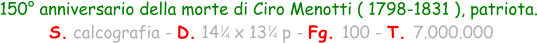 150° anniversario della morte di Ciro Menotti ( 1798-1831 ), patriota.  S. calcografia - D. 14   x 13   p - Fg. 100 - T. 7.000.000 1 4 1 4