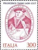 Ritratto di Francesco Tasso, lilla, rosso e azzurro.