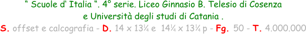“ Scuole d‘ Italia “. 4° serie. Liceo Ginnasio B. Telesio di Cosenza  e Università degli studi di Catania . S. offset e calcografia - D. 14 x 13   e  14   x 13   p - Fg. 50 - T. 4.000.000 1 4 1 4 1 4