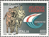 Atleti in corsa logo " Genova 92 ", policromo.