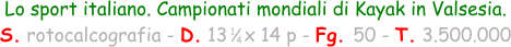 1 4 Lo sport italiano. Campionati mondiali di Kayak in Valsesia. S. rotocalcografia - D. 13   x 14 p - Fg. 50 - T. 3.500.000