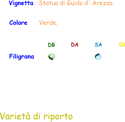 Vignetta  Statua di Guido d' Arezzo.  Colore    Verde. Filigrana DB DA SA SB Varietà di riporto