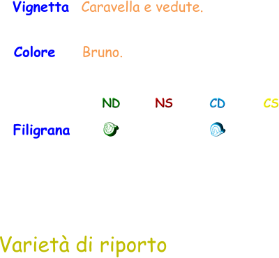 Vignetta  Caravella e vedute.  Colore    Bruno. Filigrana ND NS CD CS Varietà di riporto